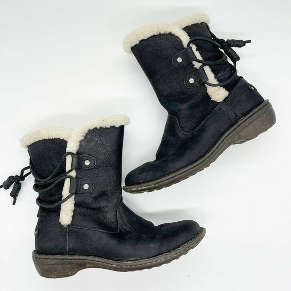 UGG Shoes - Ugg Akadia Winter Boots Shoes Sz 9 Black Leather Sheepskin Fur Mid Calf Lace Up